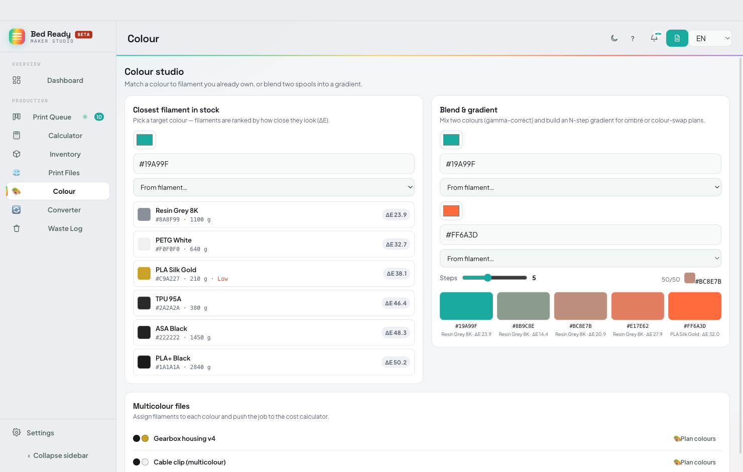 BedReady for Desktop — Colour Studio, ranking the filaments in stock by how closely they match a target colour.