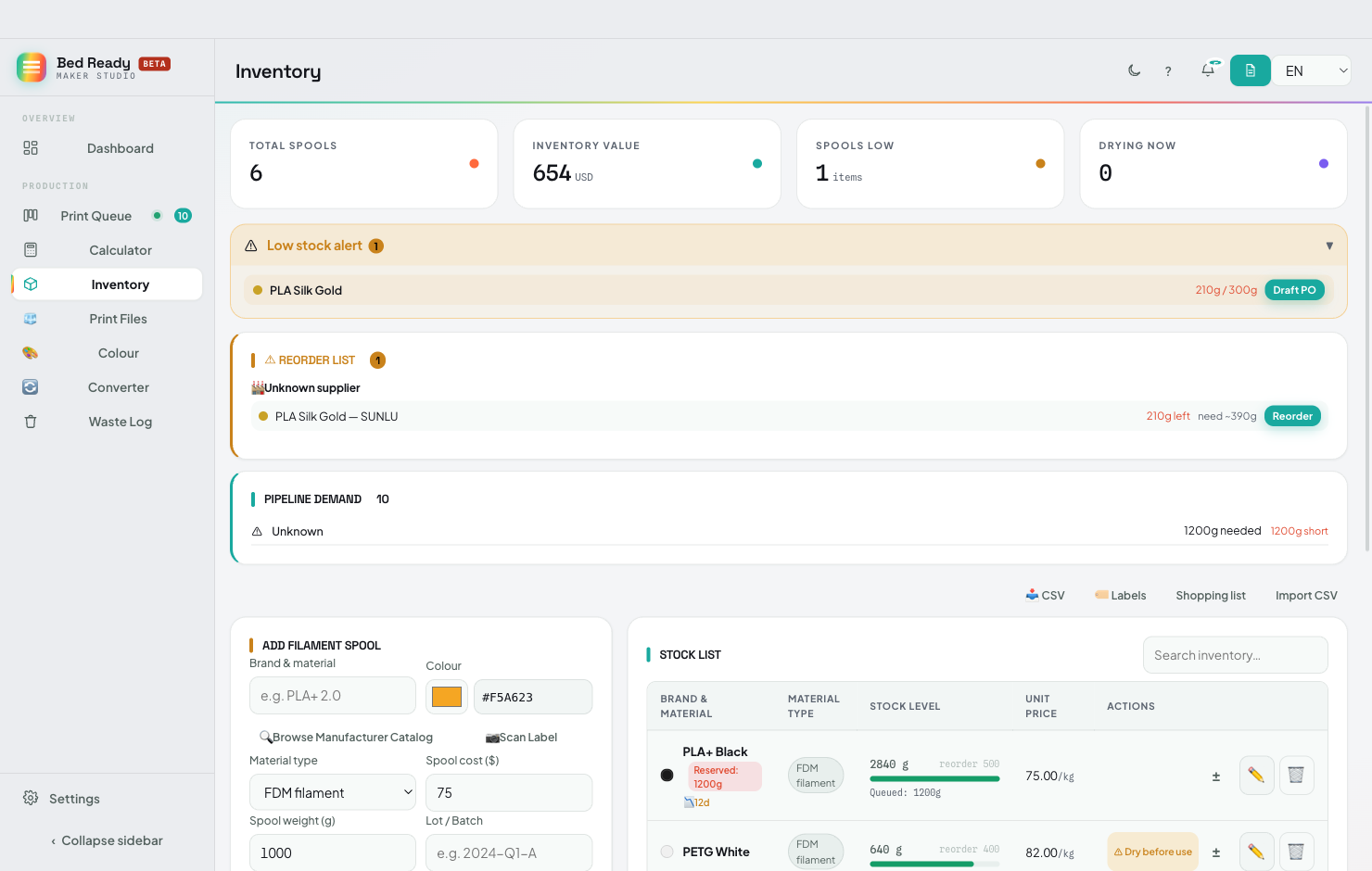 BedReady desktop app — Filament inventory